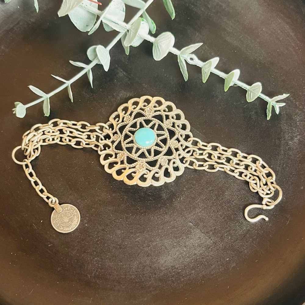 Vintage Silver Filigree Bracelet | Turquoise Stone Center | Boho Chain Jewelry‎